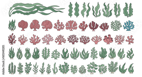 Collection of various underwater plant life and coral forms in a pixel art style