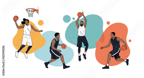 Basketball players in action during a fast-paced game displaying athleticism and teamwork on a colorful court