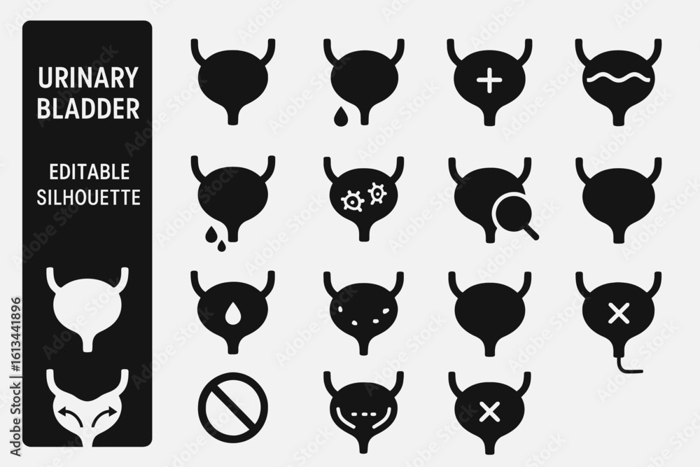 Obraz premium A collection of 15 Urinary bladder-related editable Silhouette.