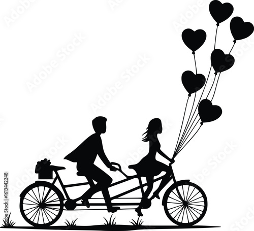 Silhouette of couple riding tandem bicycle with heart balloons, expressing love and joy