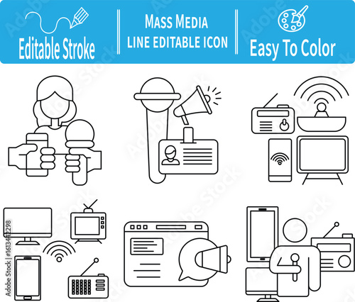 Mass Media Line Icon Set featuring Microphones, Reporters, Radio, TV, Mobile News, and Satellite Communication. Editable stroke icons perfect for apps and print use.