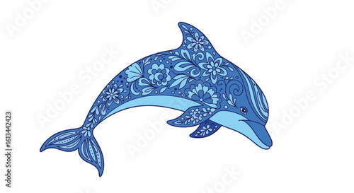 Intricate blue dolphin illustration with detailed swirl patterns adorning its body
