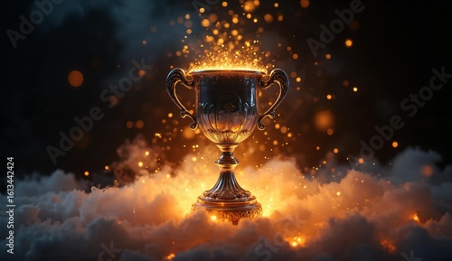 A glowing trophy emerges from clouds, surrounded by sparkling light effects.