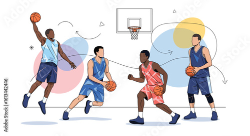 Four athletes in action during a competitive basketball game on a court with colorful circles