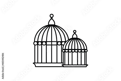 Two Decorative Birdcages in a Minimalist Black and White Line Art Style silhouette