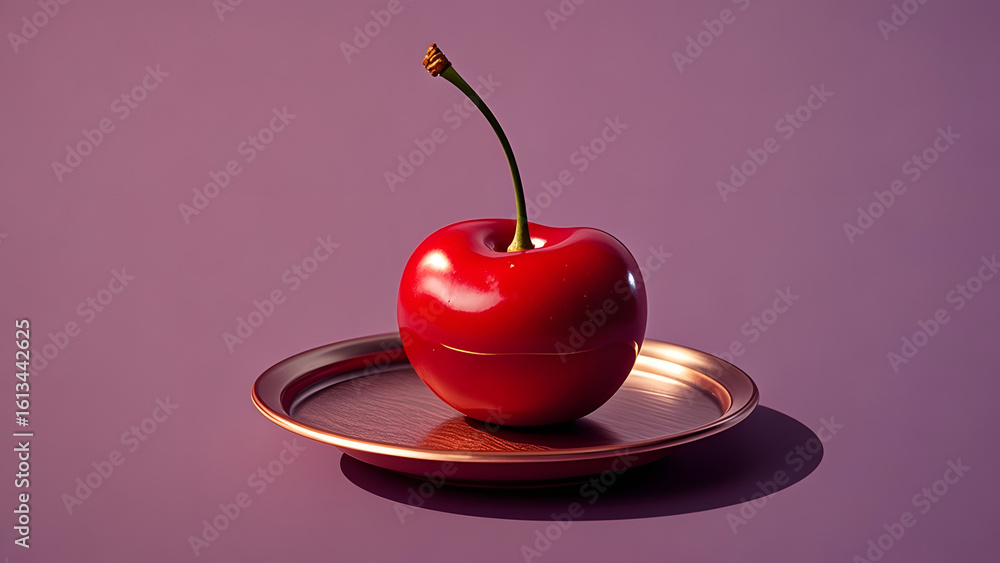 Obraz premium Single red cherry on a small plate against a purple background