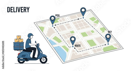 A delivery driver on a scooter with boxes is shown next to a map with pick-up, drop-off, and route markers.