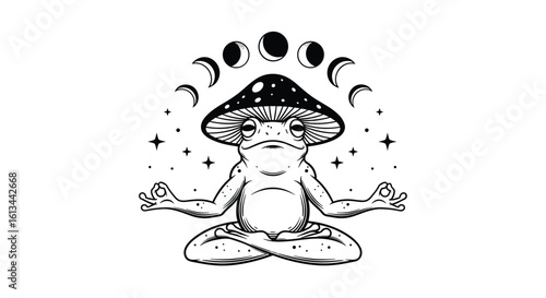 Enchanting frog meditating under a mystical mushroom cap surrounded by celestial moon phases and stars
