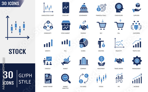 Stock Flat Icons set. Containing currency exchange, trading, profit, shareholder, types of markets and charts. Vector illustration