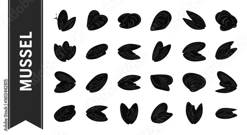 Mussel Silhouette Collection: Seafood, Shellfish, and Marine Life Graphics