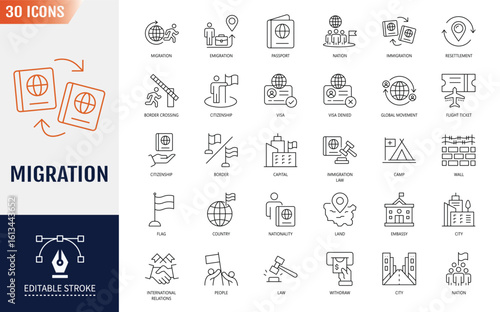 Migration Line Editable Icon set. Containing visa, passport, border, migrant, customs officer, country, immigration and more. Vector illustration