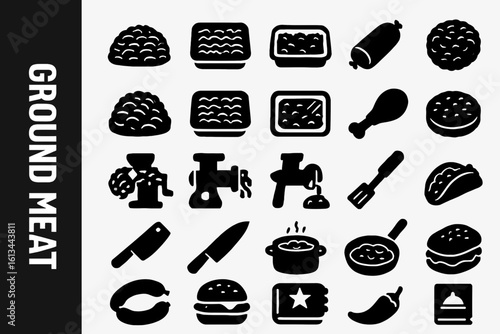 Ground Meat Icon Collection: Food, Protein, and Cooking Ingredients Silhouettes