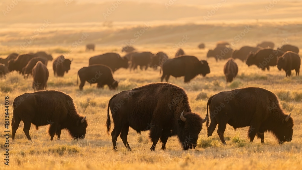 Herds of bison grazing in a golden prairie at sunset Herds of bison grazing in a golden prairie at sunset