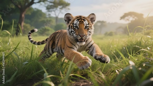 A young tiger cub running energetically through a lush green field under the warm sunlight.