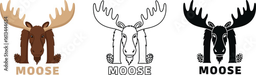 Moose cartoon vector illustration set with antlers and m shaped body design icon