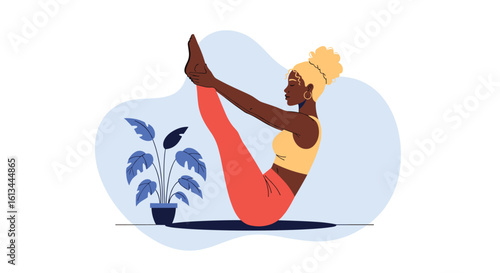 Woman practicing yoga in a serene setting with a plant nearby enhancing her workout and well-being through mindful movement and flexibility.