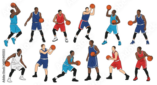 Collection of diverse basketball players in action capturing the energy of the game