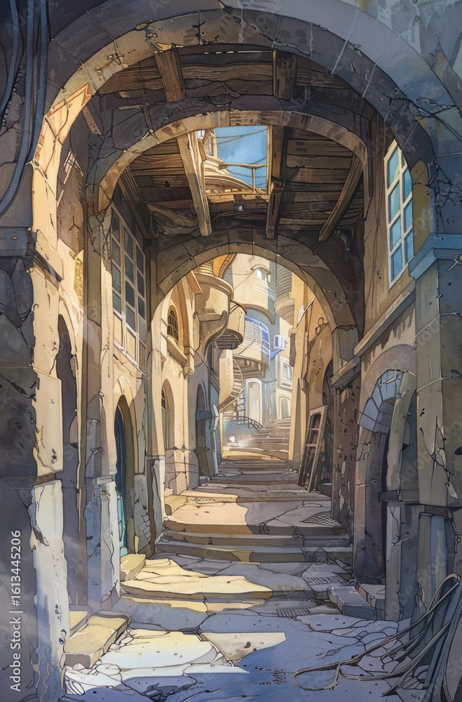 Obraz premium Ancient alleyway, sunlit steps, crumbling architecture