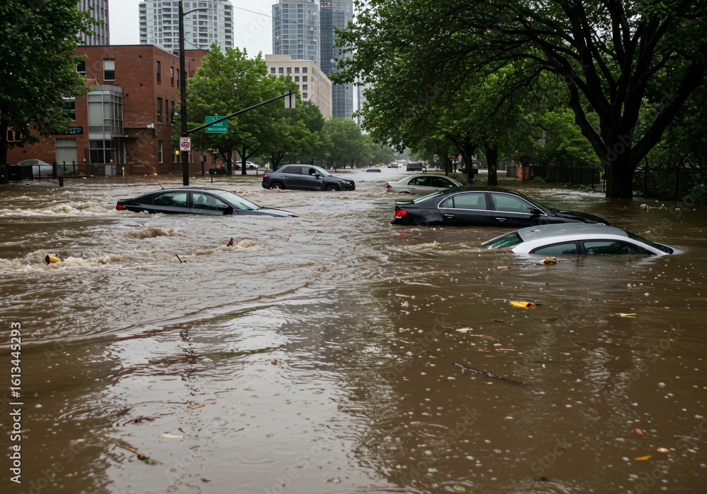 Fototapeta premium Cars driving through a flooded city street during a heavy rainstorm. Urban infrastructure impacted by severe weather and natural disaster.
