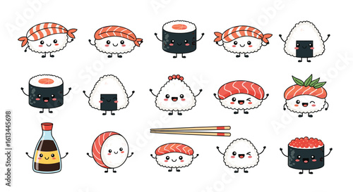 A collection of adorable kawaii sushi characters including nigiri onigiri maki rolls and soy sauce bottle