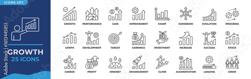 Growth Line Icon Collection Set. Containing performance, gain, improvement, progress, grow, chart, increase, evolution, investment and development icons. Simple Line Vector illustration.