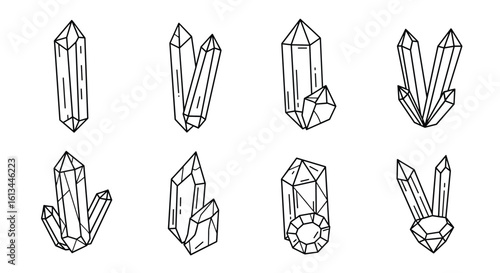 Collection of eight detailed isometric line art illustrations showcasing various crystal formations and geological mineral clusters with diverse facets and crystalline structures
