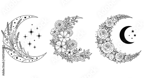 Three stylized crescent moons with stars illustrating celestial beauty and nighttime wonder