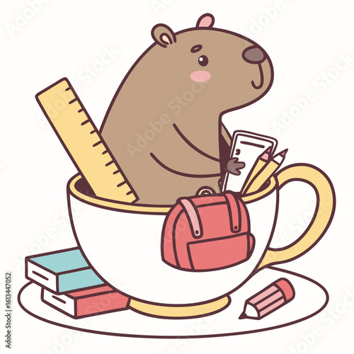 Delightful Mischievous Capybara in a Back to school scene with in a teacup – Chalkboard Fun vector illustration