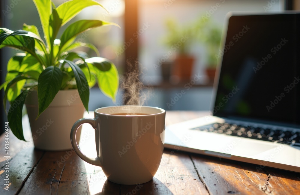 A steaming cup of coffee placed on a wooden table next to a laptop in a bright, cozy workspace A steaming cup of coffee placed on a wooden table next to a laptop in a bright, cozy workspace