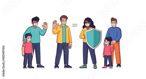 Pixel art illustration of diverse people wearing face masks and one family protected by a shield during a health crisis
