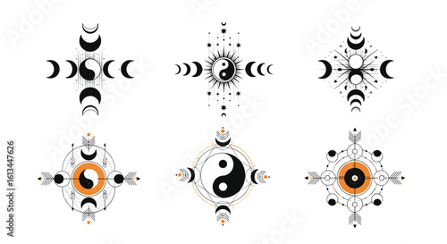 Celestial mystical sun moon yin yang and starburst cosmic designs for mystical and esoteric art projects