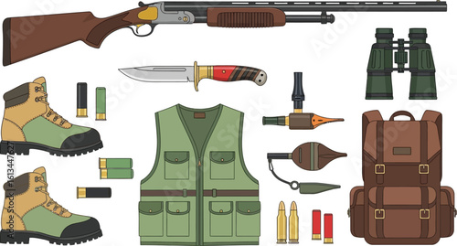 Hunting gear illustration vector set shotgun boots backpack knife and ammunition