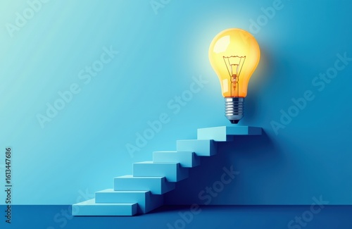 A lightbulb positioned at the top of a staircase made of blue blocks on a blue background