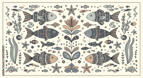 Charming folk art design featuring stylized aquatic creatures and marine flora in a harmonious palette