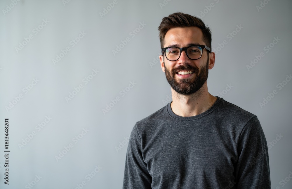 Obraz premium A smiling man with glasses and a beard wearing a casual gray sweater stands against a plain gray background