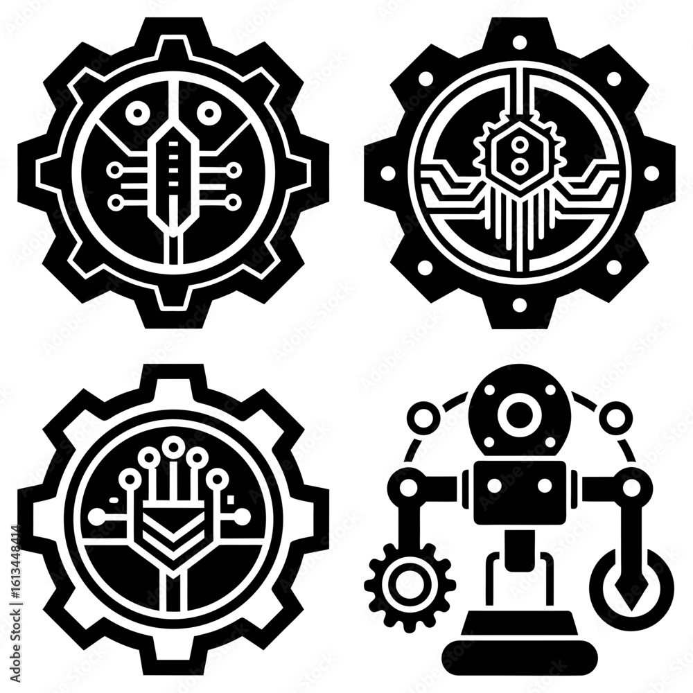 Obraz premium Illustration of four black and white mechanical and technological icons on a white background