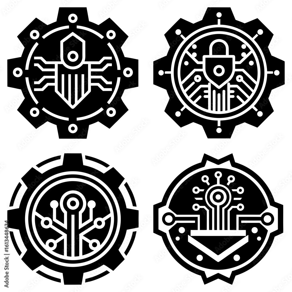 Obraz premium Four distinct black and white gear icons featuring technology and security elements in a vector format