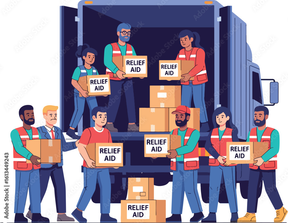 Obraz premium Volunteers load relief aid boxes into a truck for disaster relief efforts.