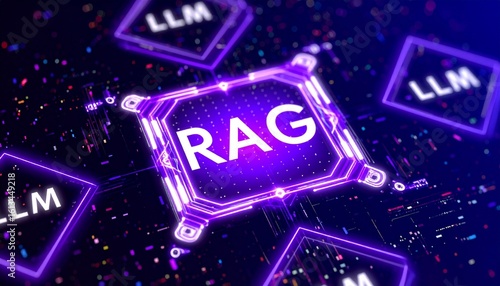 Flat purple glowing circuit interconnected with glowing “RAG” and “LLM” text, floating on a dark bokeh background, symbolizing AI and language model interaction. Retrieval Augmented Generation