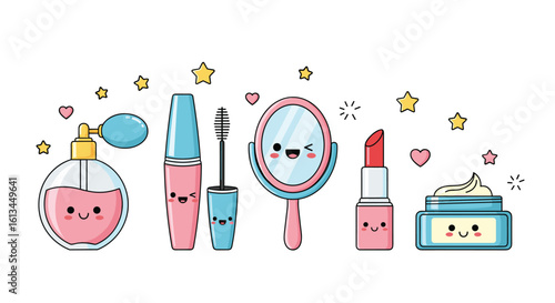 Kawaii makeup collection adorable beauty products with cute faces and sparkling stars perfect for a charming cosmetic illustration