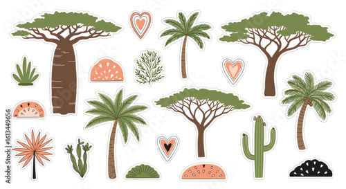 Collection of diverse desert and savanna flora and natural elements