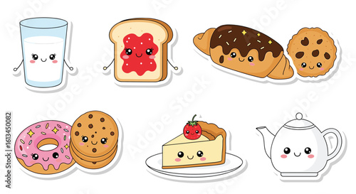 Cute kawaii food characters breakfast morning sweet treats delicious pastries delights