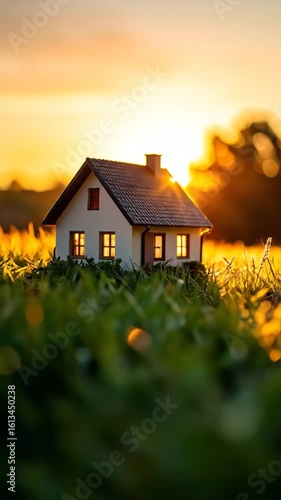 Sunset miniature house in field