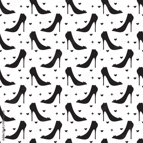 Seamless black high heels pattern with hearts. Elegant female shoes for fashion background