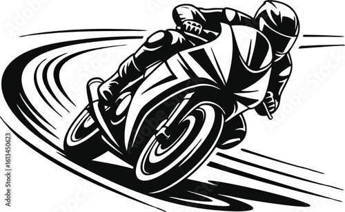 Dynamic Black and White Motorcycle Racer Leaning into a Turn