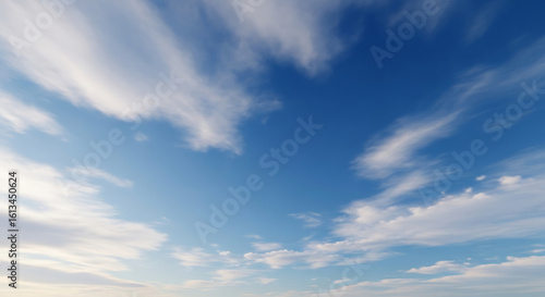 Fototapeta Naklejka Na Ścianę i Meble -  A serene view looking up at a vast blue sky with scattered, wispy white clouds.