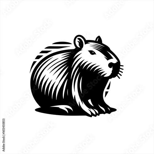 Stylized black and white illustration of a capybara