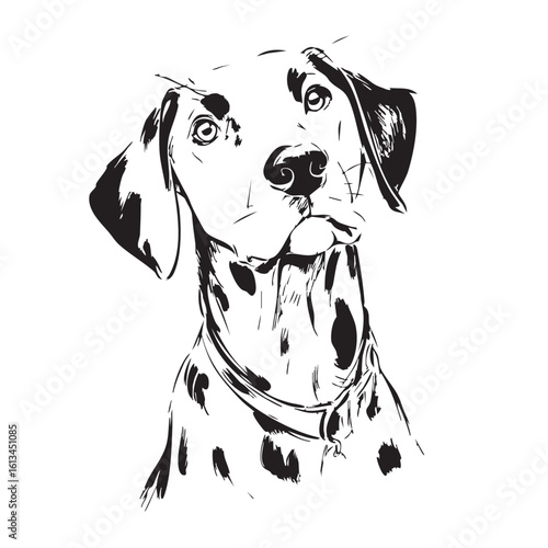  A dalmatian's head is shown looking at the viewer.