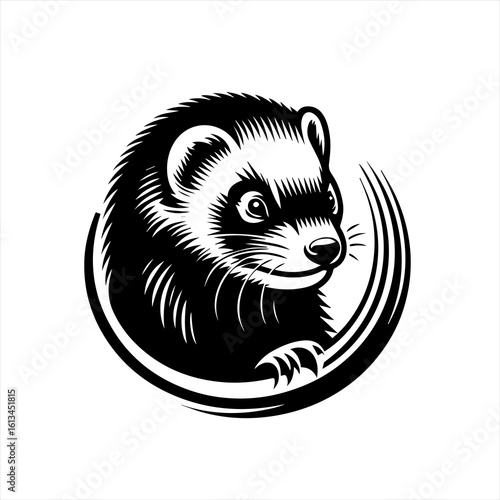Stylized black and white ferret head emblem