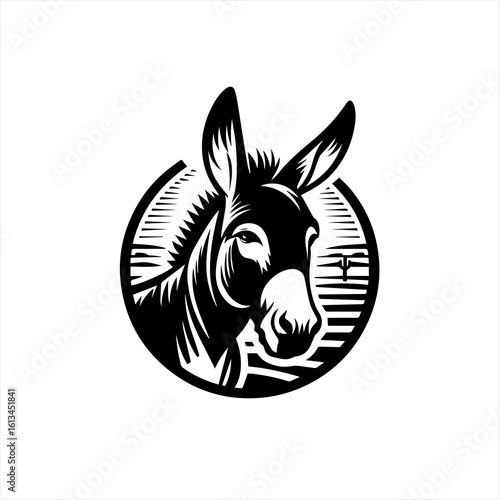 Black and white donkey head logo in a circle